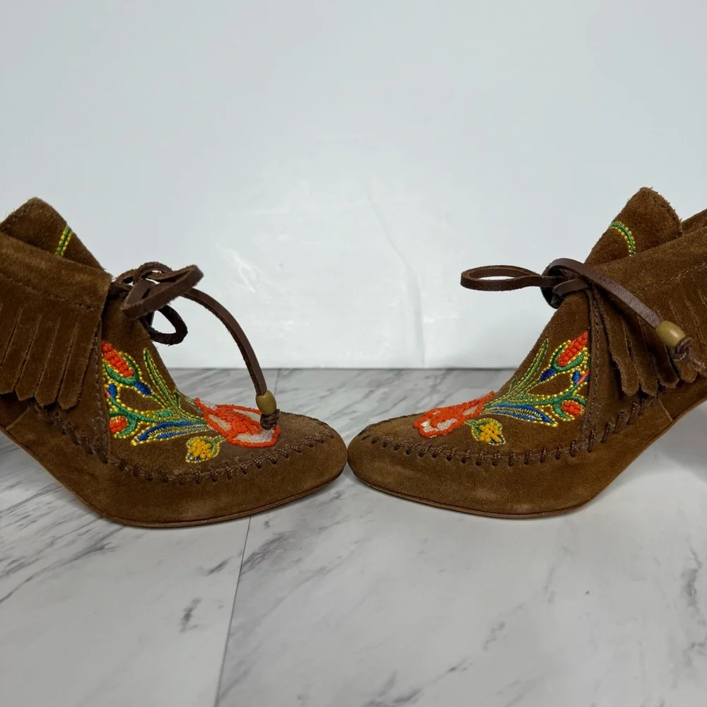 Tory Burch Huntington Fringe Brown Suede Beaded Bootie 5M